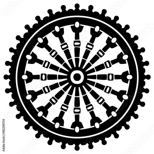 Intricate Circular Emblem with Spokes and Jagged Outer Edge Vector Illustration
