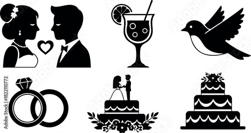 Wedding love couple rings cake bird drink celebration romantic icons set vector illustration