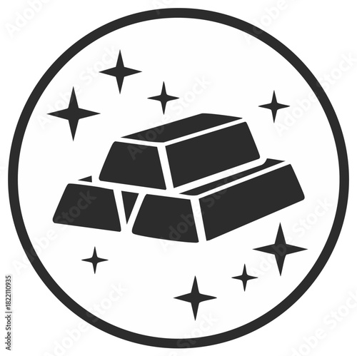 Gold bars inside a circle with starbursts for a finance or wealth concept