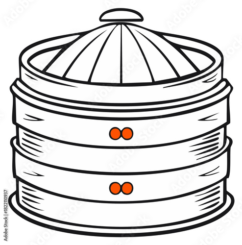 A detailed line art illustration of a traditional two tiered bamboo steamer basket for dim sum