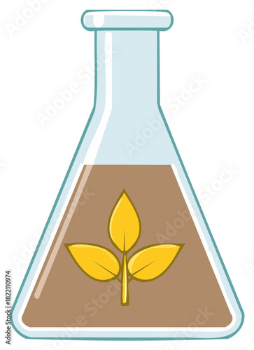 Agritech and biofuel research concept with a golden plant inside a chemical flask
