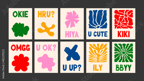 Colorful abstract flower poster filled with fun positive text and lively graphic shapes. Bright modern vector.