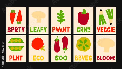 Playful vegetable-themed poster featuring graphic silhouettes and short expressive labels. Bright healthy-food vector.