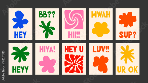 Minimal botanical poster with expressive shapes and lighthearted motivating words. Clean colorful vector style.