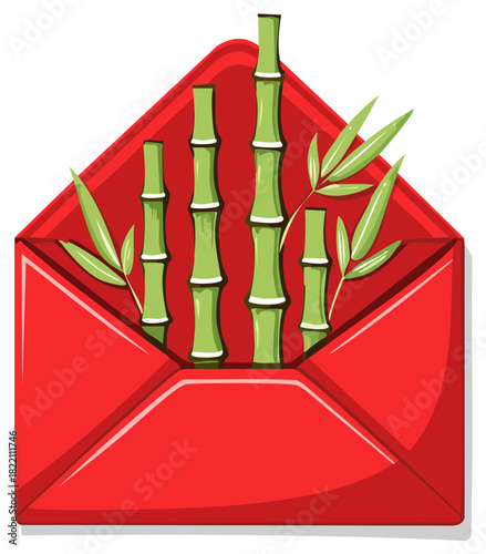 Symbolic Asian red envelope with green bamboo stalks and leaves vector illustration