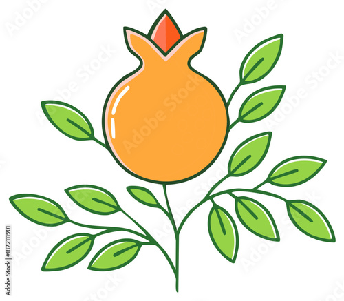 Ripe orange pomegranate fruit on a green branch with leaves flat icon illustration