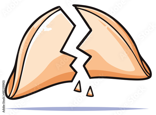 Vector illustration of a broken fortune cookie cracked in half with crumbs
