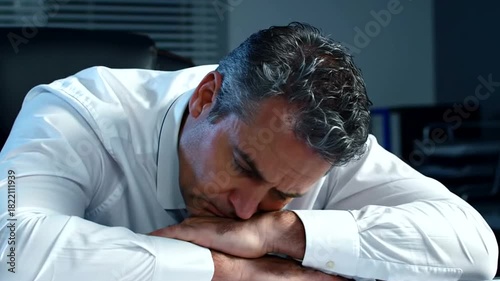 Exhausted businessman sleeping at his office desk, head resting on folded arms, depicting burnout, stress, and overwork in a corporate environment