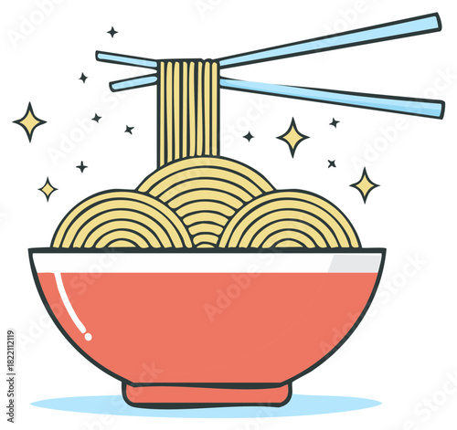Hand drawn illustration of delicious noodles being lifted by chopsticks from a red bowl