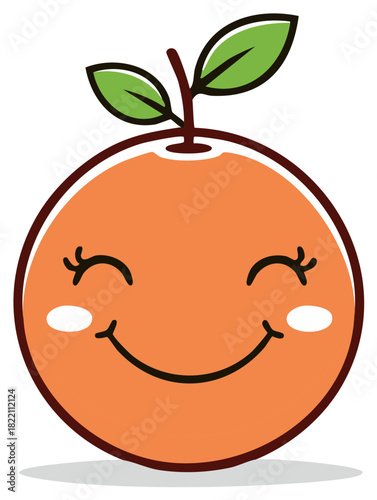 Cute orange fruit with happy smiling face and leaves illustration, cartoon food character, mascot, icon