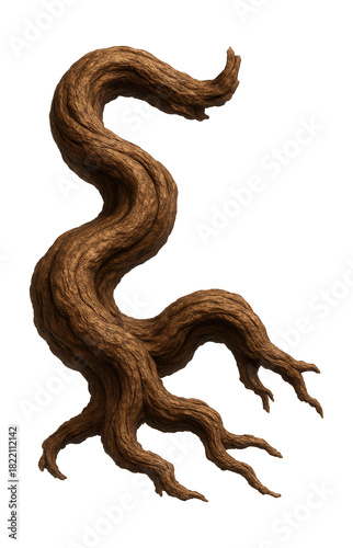 Twisted tree root with a rugged, brown texture and intricate shapes.