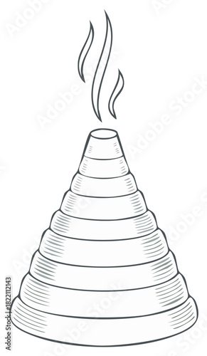 Engraving style drawing of a burning stacked incense cone with fragrant smoke for aromatherapy and meditation