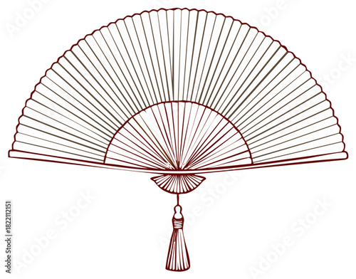 Elegant Traditional Asian Folding Hand Fan Line Art Illustration with Tassel