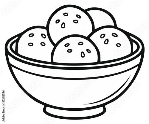 Bowl of sesame seed balls isolated on white for menus, coloring, stickers or other design needs