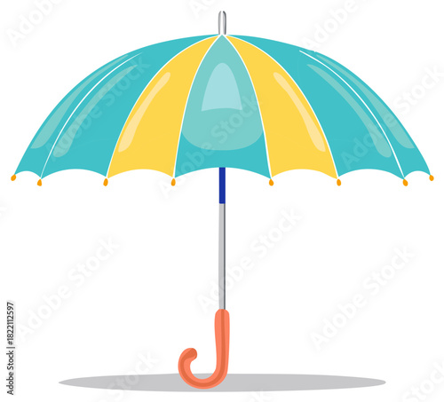 Colorful cartoon umbrella illustration in shades of teal and yellow.