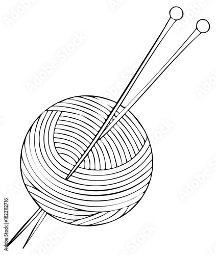 Ball of Yarn with Knitting Needles in Black and White Vector Illustration
