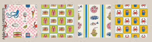Whimsical hand drawn sea food seamless pattern in trendy whimsical style. Perfect  background for quirky italian wedding holiday, poster cards, dinner and bar menu, fabric, wrapping paper