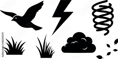 Weather and nature icon set with bird lightning cloud grass and whirlwind vector illustration