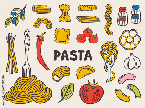 Whimsical hand drawn set of pasta illustrations in Italian style. Cute doodle food icons featuring spaghetti, penne, and ravioli — perfect for menus, posters, and Mediterranean design.