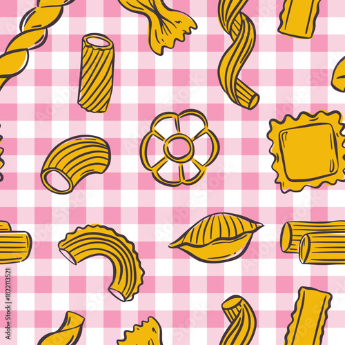 Playful Mediterranean pasta design with quirky line art noodles. Seamless pattern ideal for kitchen decor, wrapping paper, or restaurant branding. Cute background with spaghetti, penne, and ravioli.