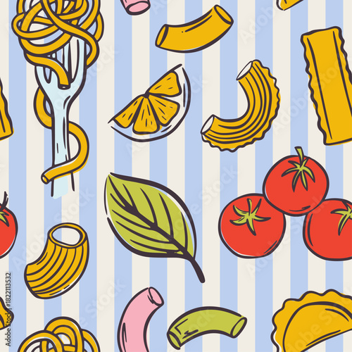 Playful Mediterranean pasta design with quirky line art noodles. Seamless pattern ideal for kitchen decor, wrapping paper, or restaurant branding. Cute background with spaghetti, penne, and ravioli.