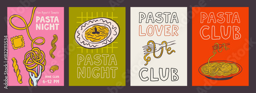 Whimsical Italian pasta lover club poster set with hand drawn doodles of spaghetti, penne, and ravioli. Vintage Mediterranean design perfect for kitchen decor or restaurant walls.