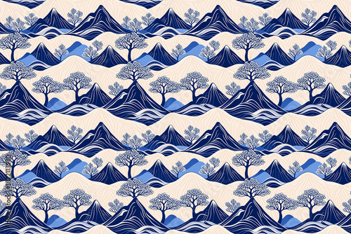 Seamless Japanese woodblock print, stylized mountains in indigo, cream, red, gray. Ideal for elegant home decor, fine stationery, kimonos, and digital backgrounds