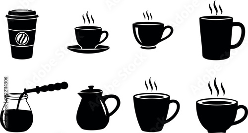 Coffee cup vector icons steaming hot beverages design collection black and white silhouette set