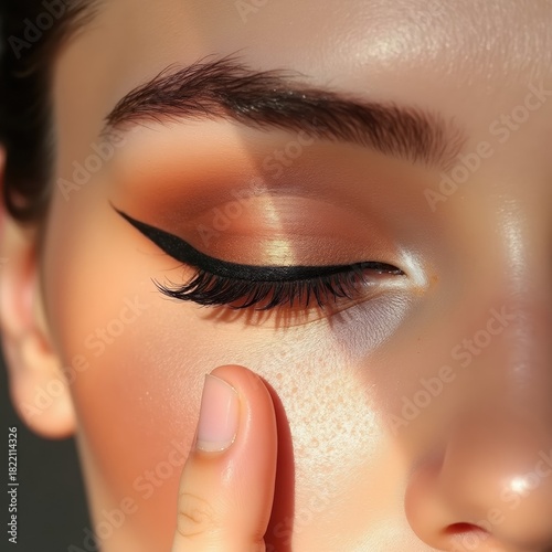 Professional makeup artist demonstrating beauty with flawless eye makeup and soft lighting.