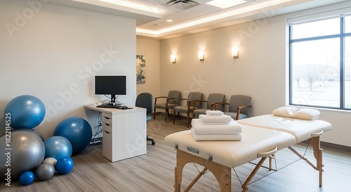 Modern Physical Therapy Room with Exercise Balls, Examination Table, and Waiting Area
