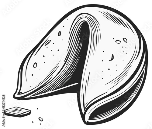 Fortune cookie illustration with a paper fortune. Chinese food, dessert concept.