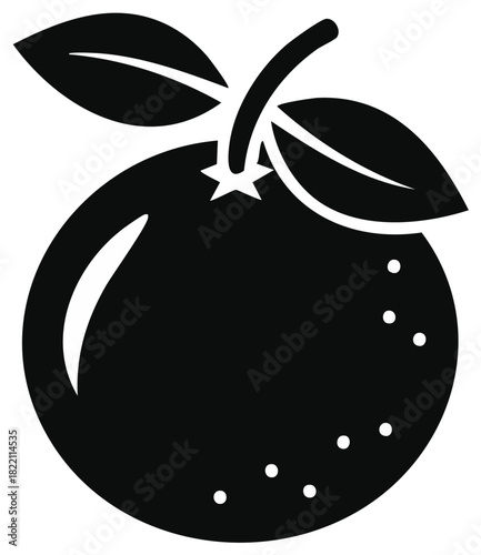 Stylized graphic illustration of an orange fruit with leaves, dots and stem in black and white.
