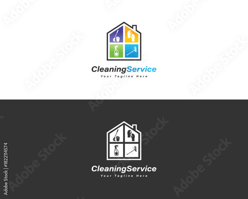 House shape logo with cleaning tools and text Cleaning Service home