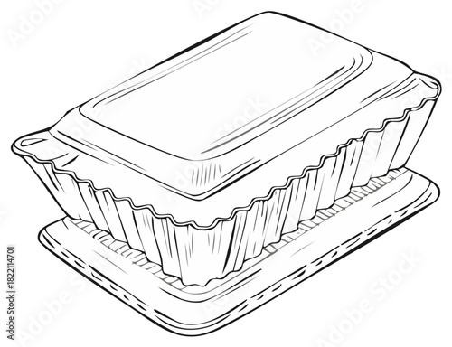 Disposable rectangular food container with lid, black and white line art illustration