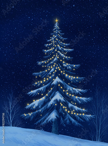 Winter's Embrace: A decorated Christmas tree shimmers with festive lights beneath a starlit night sky, its snowy branches evoking a sense of calm and the holiday spirit.