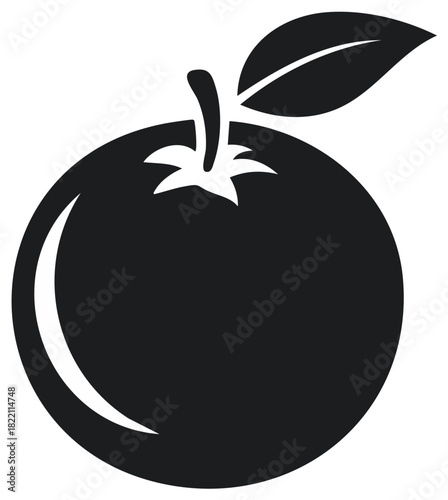 Simple black fruit icon with stem and leaf silhouette vector graphic