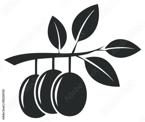Stylized Plum Branch with Leaves Fresh Orchard Harvest Simple Fruit Tree Design