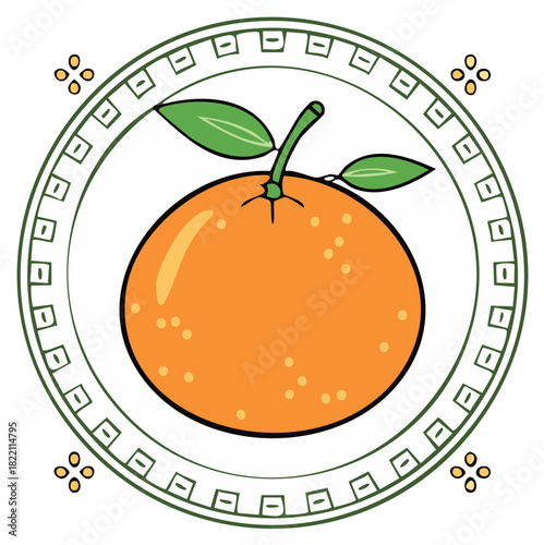 Stylized orange fruit with green leaves inside a traditional decorative round border graphic