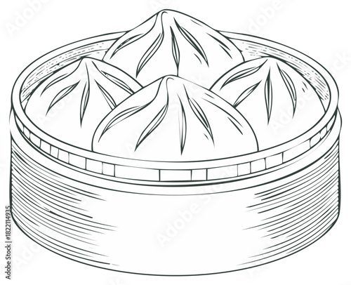 Hand drawn sketch illustration of traditional Chinese steamed dumplings in a bamboo steamer basket.