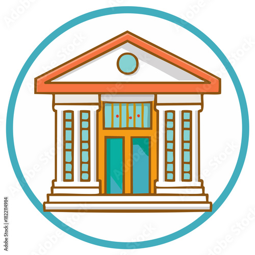 Graphic image of courthouse with green doors and columns inside blue circle, building facade, simple architectural vector