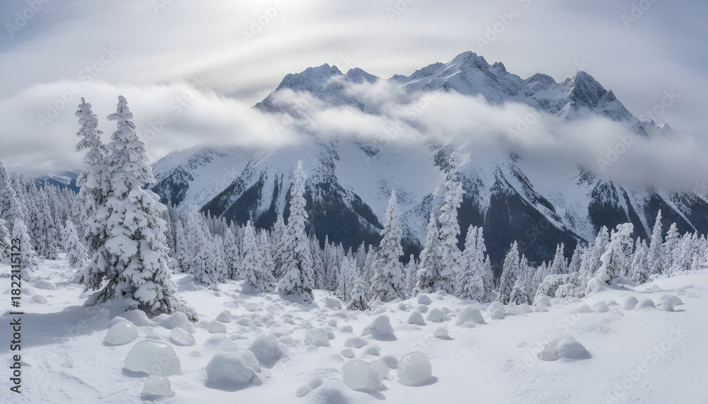 Obraz premium Frozen Majesty: A breathtaking panorama of snow-laden mountains and frosted trees under a cloudy sky, showcasing the untouched beauty of a winter landscape.
