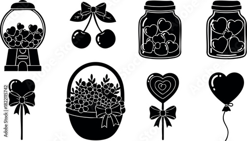 Candy dispenser cherries jar basket lollipop heart balloon sweet treats vector illustration