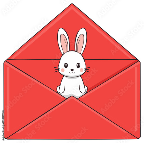 Cute white bunny peeking out of a red envelope illustration