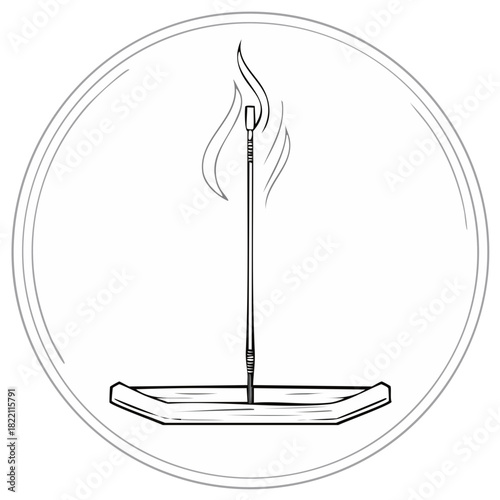 Hand drawn illustration of an incense stick burning with fragrant smoke inside a circle