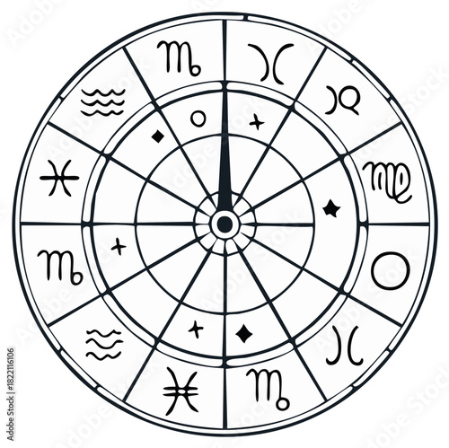 Astrology Wheel with Zodiac Signs and Celestial Symbols in Black and White