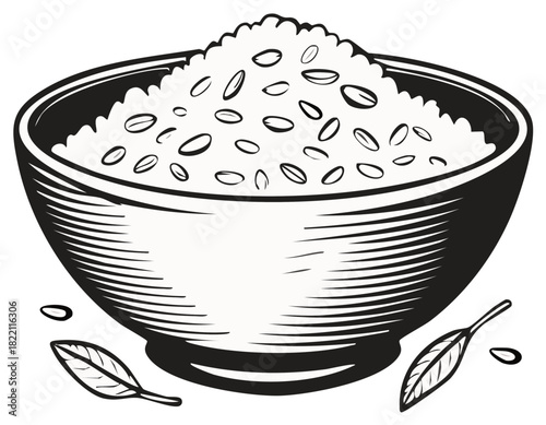 Bowl Filled with Rice and Seeds Illustration Black and White Style