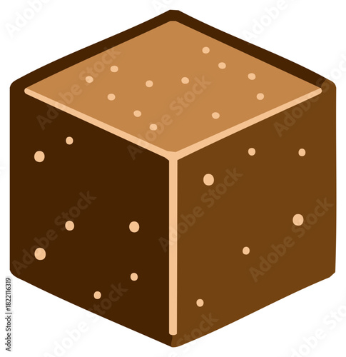 Isometric vector illustration of a delicious chocolate brownie dessert cube with speckles