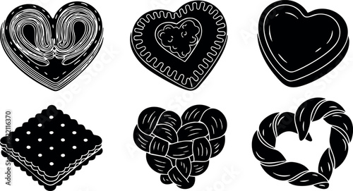 Heart shaped cookies and pretzels black silhouette vector illustration set with six designs