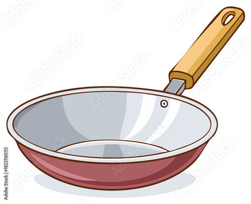 Empty red frying pan with a wooden handle for cooking food vector illustration
