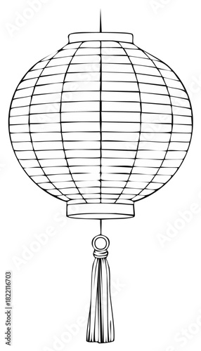 Traditional Chinese paper lantern with decorative tassel black and white outline drawing